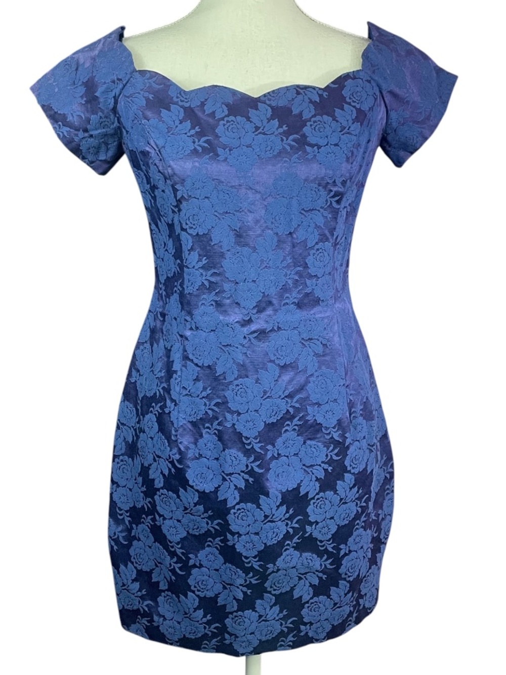 Coquette Floral Brocade Dress S Scalloped Navy Royal Blue Off-Shoulder Bardot